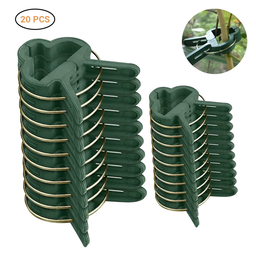 Green plastic and zinc plant fixing clips: 10 large and 10 small for climbing plants.
