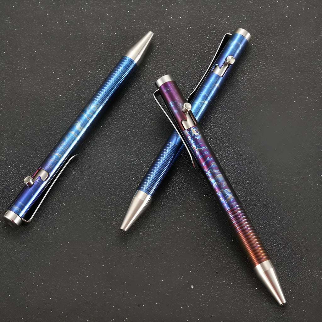 Titanium alloy bolt handle ballpoint pen with magic colour finish showing random phantom colour distribution