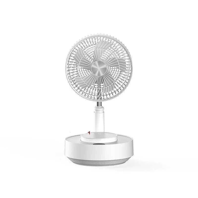 Green and white telescopic electric fan showing both desktop and extended floor-standing configurations