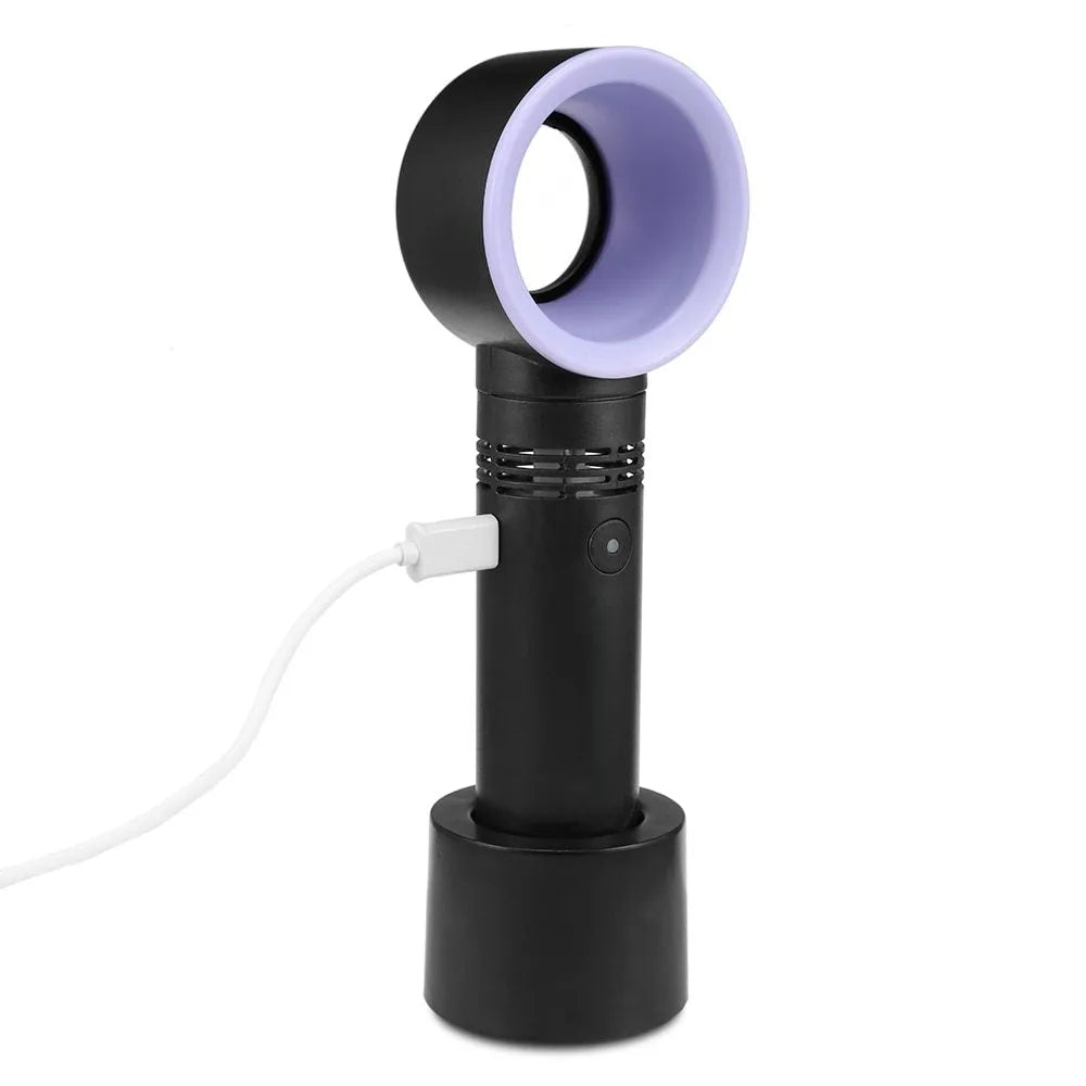 A compact portable bladeless fan with USB cable, shown in one of the available colours like blue or white.