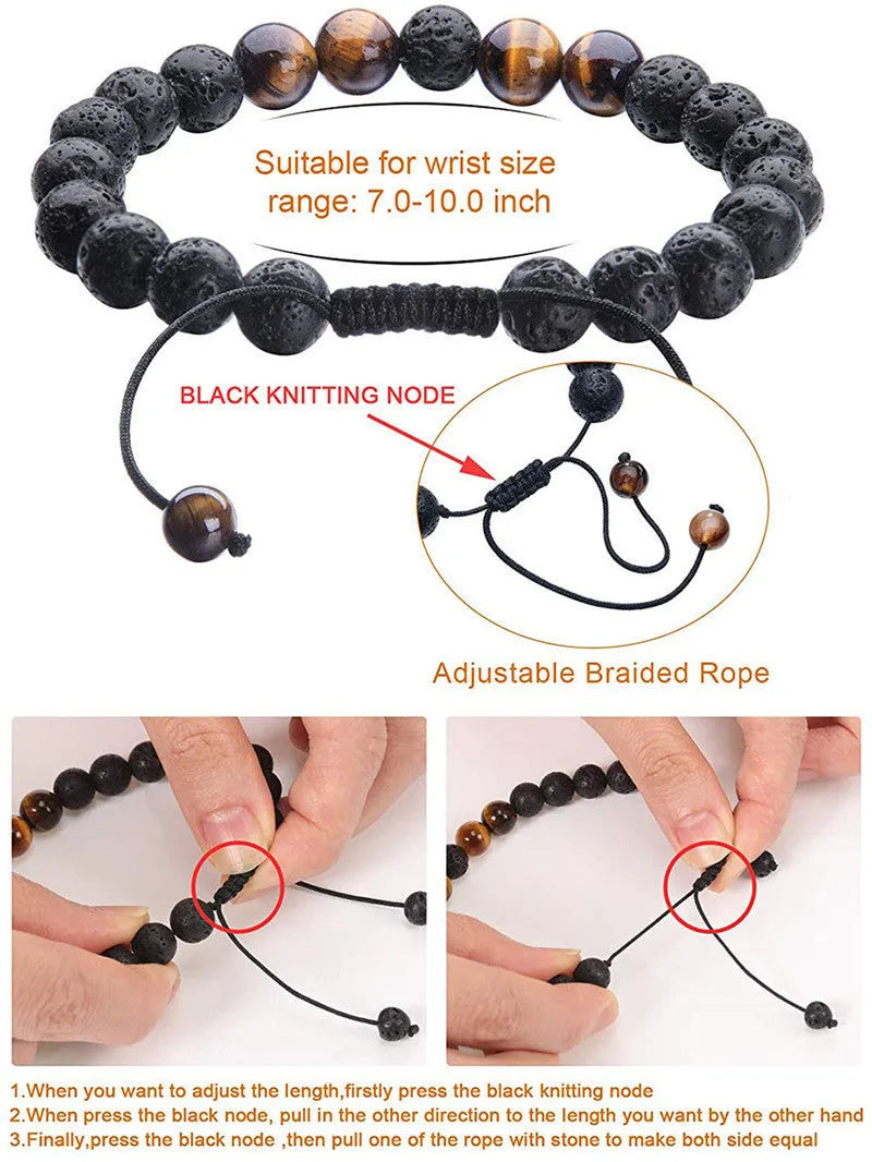 Geometric agate couple bracelets with tiger eye and matte black beads, showing style options.