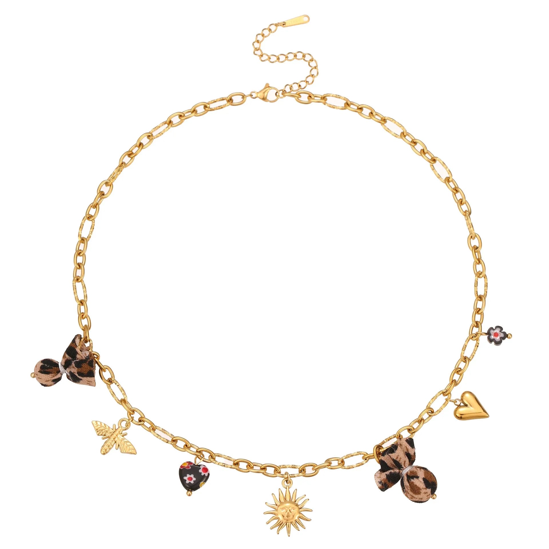 Women's stainless steel necklace with geometric leopard, heart, and flower pendant designs on 41-50cm chain