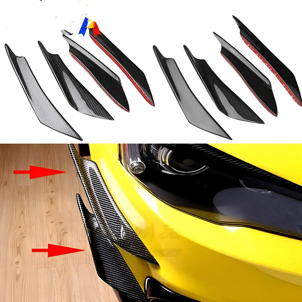 Set of four carbon fibre pattern automotive bumper blades mounted on vehicle
