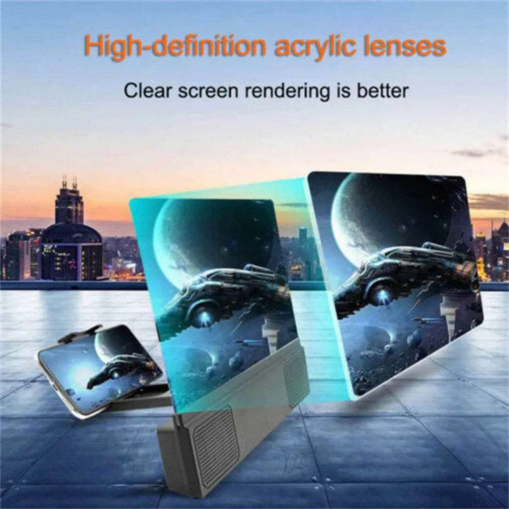 12-inch foldable mobile phone screen amplifier with flexible gooseneck and built-in speakers.