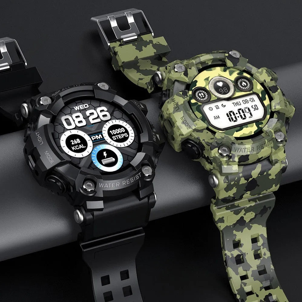 Black or Green T6 tactical rugged smart watch with 1.3-inch screen on wrist