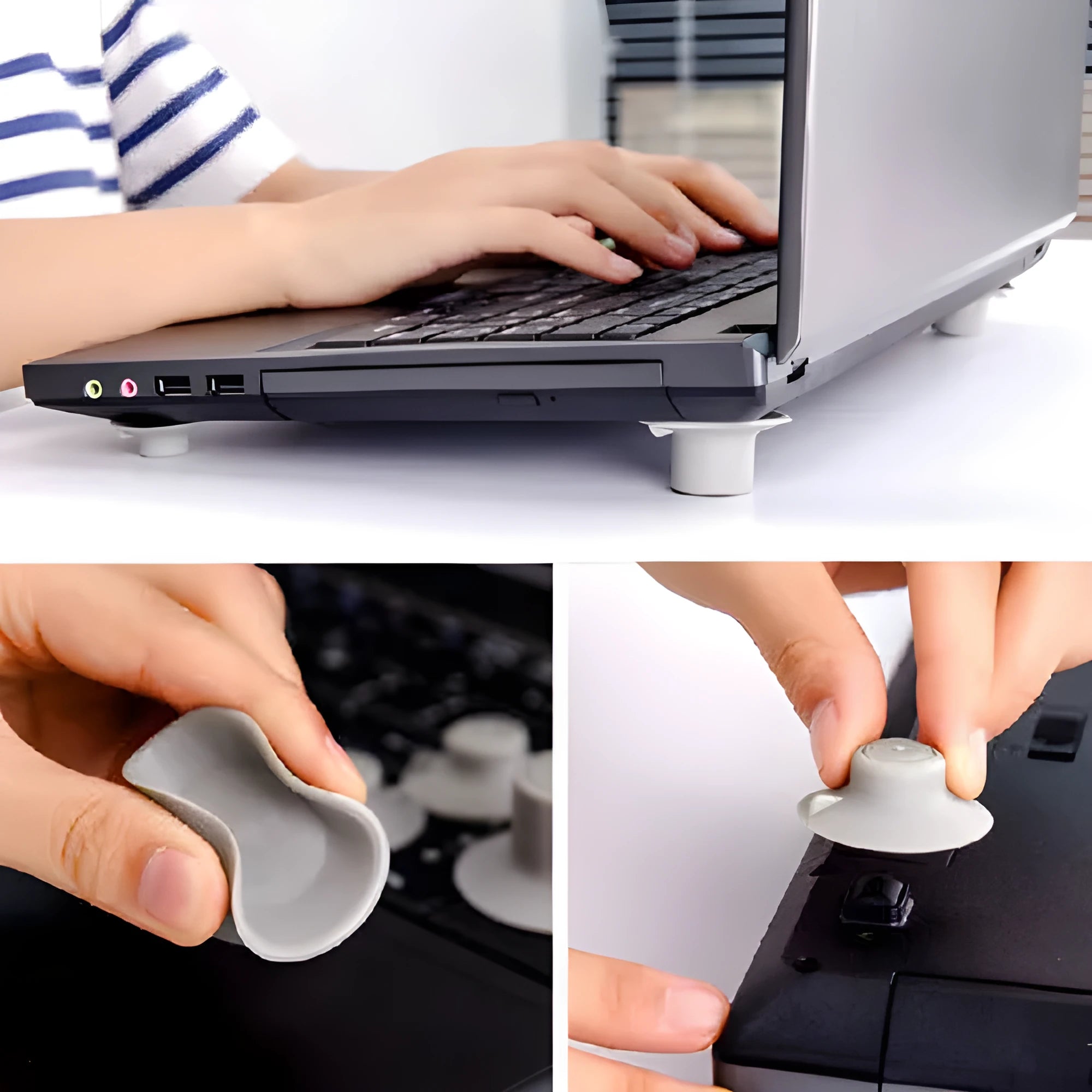 Grey plastic laptop cooling pad set showing two larger and two smaller pads for temperature reduction