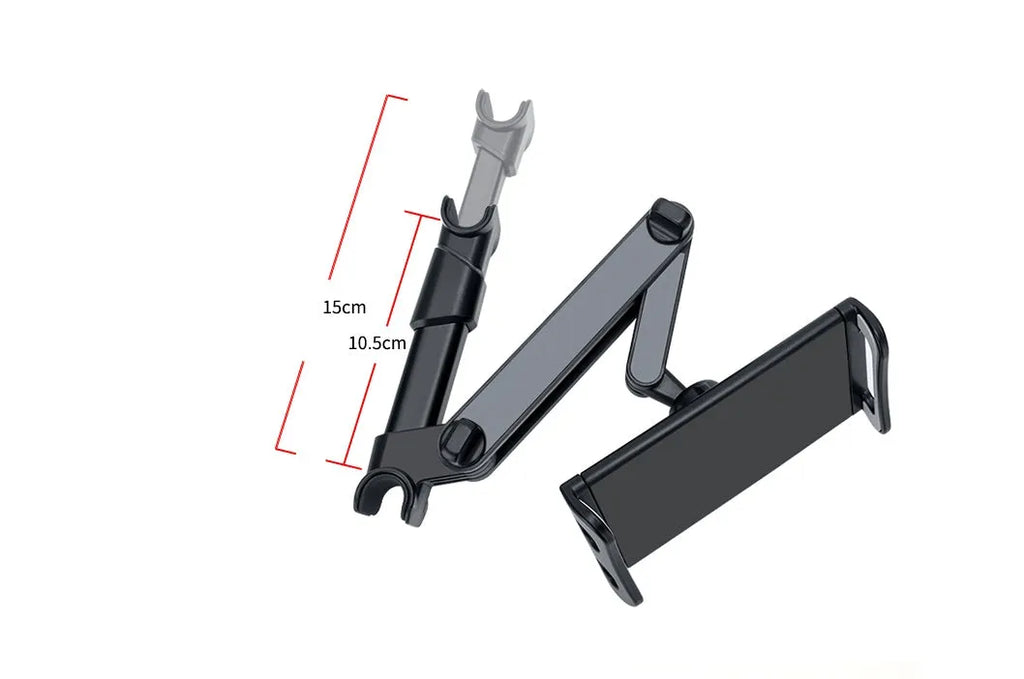 Black universal car phone holder with rear seat base mounting for tablets and phones