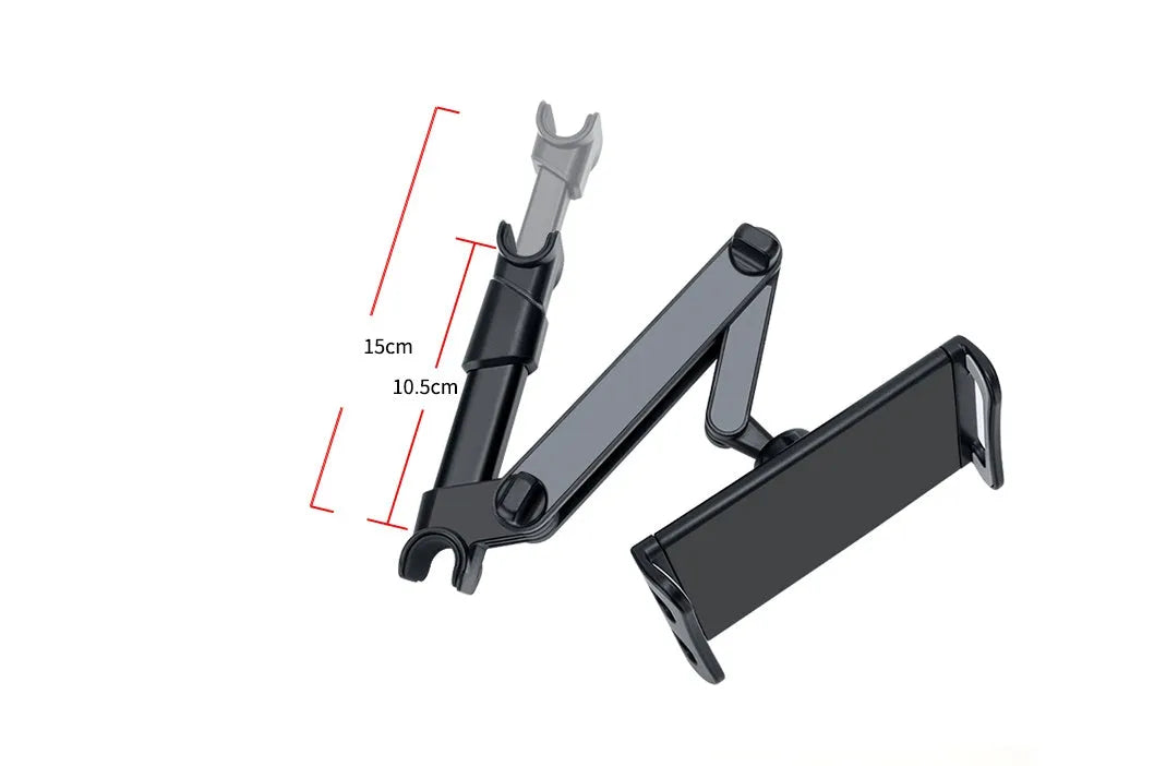 Black universal car phone holder with rear seat base mounting for tablets and phones
