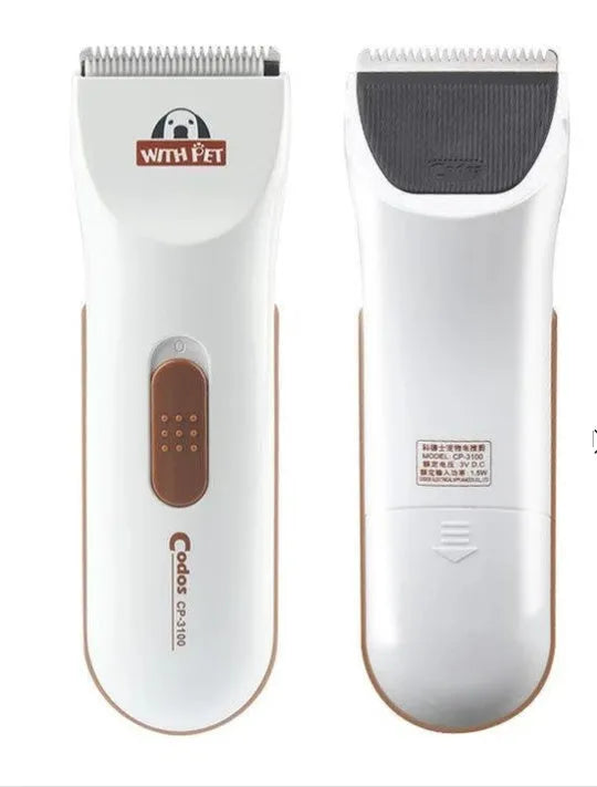 White battery-operated pet clipper with ceramic blade for dog and cat grooming