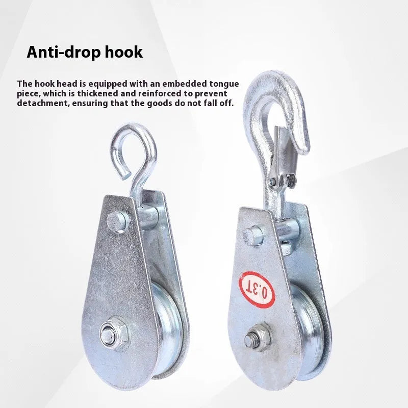 Red industrial lifting pulley with steel hook and safety latch for factory harbour construction applications