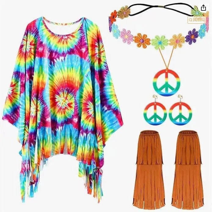 Tie dye cloak costume with bell sleeves in colourful rainbow pattern for Halloween parties