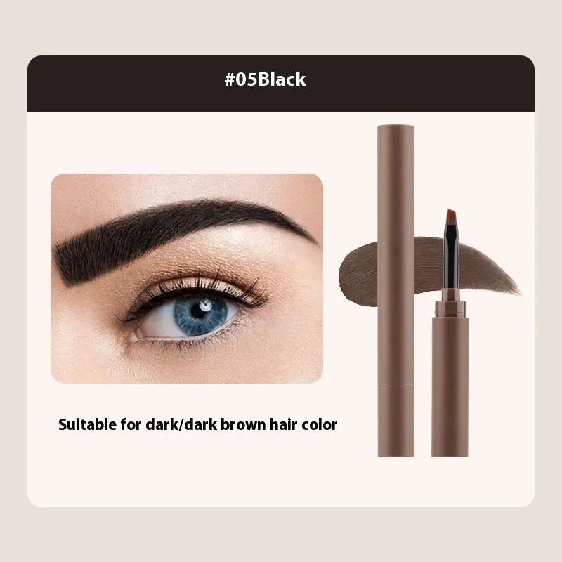Double-headed eyebrow cream tube shown next to swatches of its five colours: reddish brown, brown, light brown, dark brown, and black.