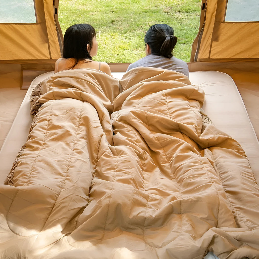 Four Seasons Universal portable hollow cotton camping sleeping bag with storage bag in swamp colour.