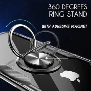 Black iPhone case with a built-in car holder arm on the back, shown next to a phone