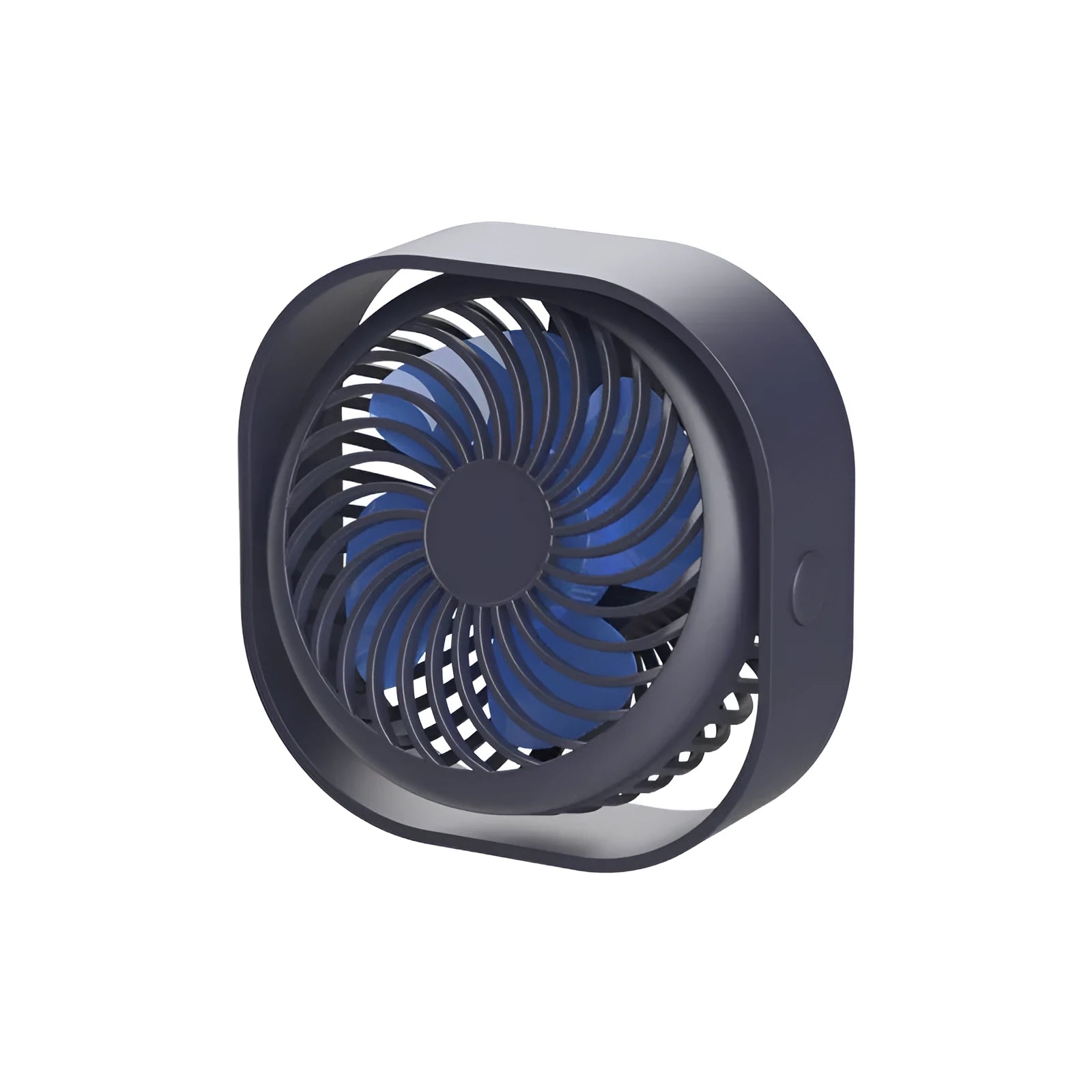 USB desk fan with alarm clock display in blue, showing 360-degree rotation capability.