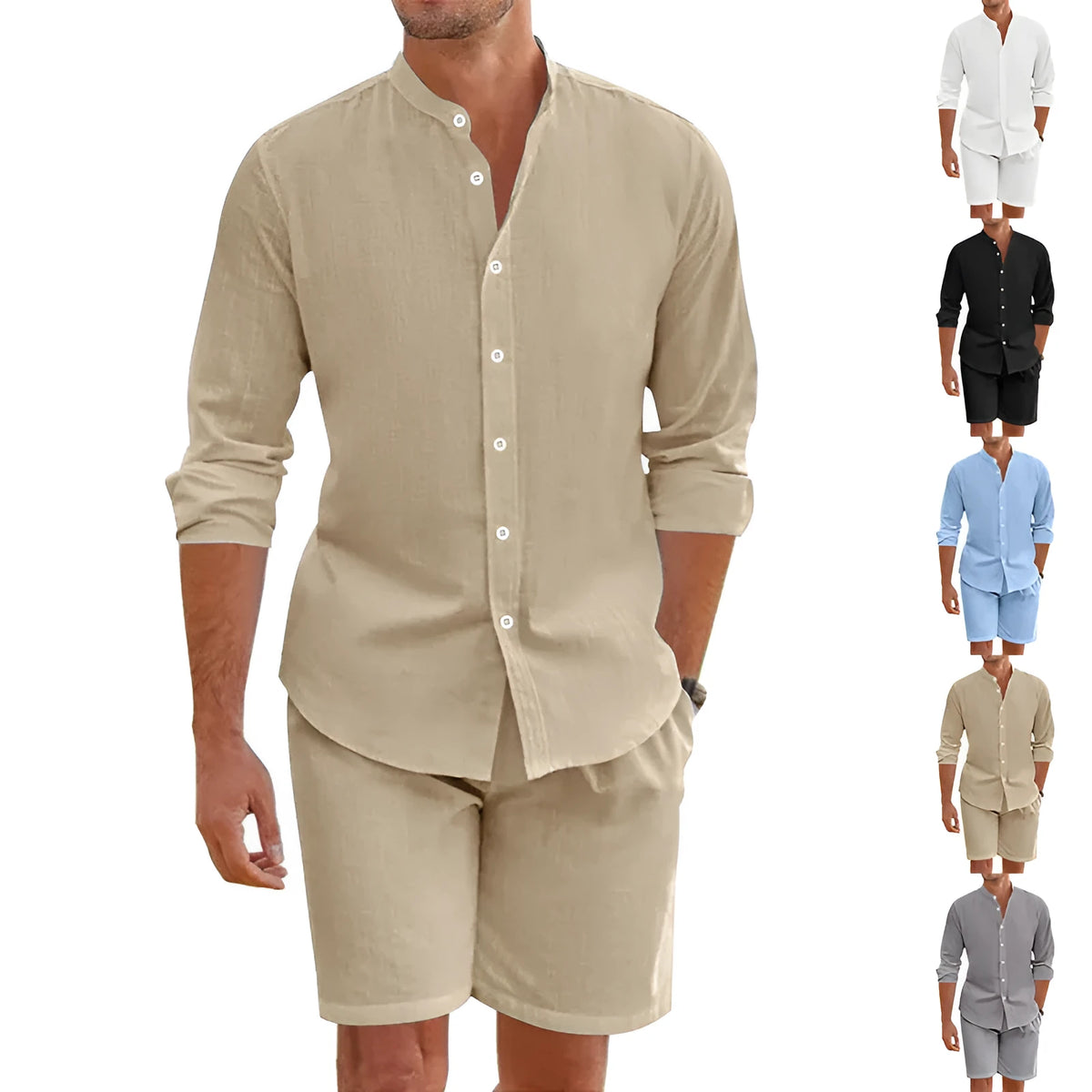 Men's linen-blend button-down shirt and drawstring shorts set in light blue colour