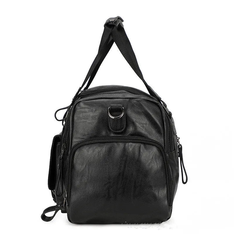 Black PU fabric travel duffle bag with a separate shoe compartment, shown with dimensions 52cm by 19cm by 27cm.