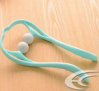 Blue plastic hand roller neck massager with adjustable stand and removable massage heads on a white background