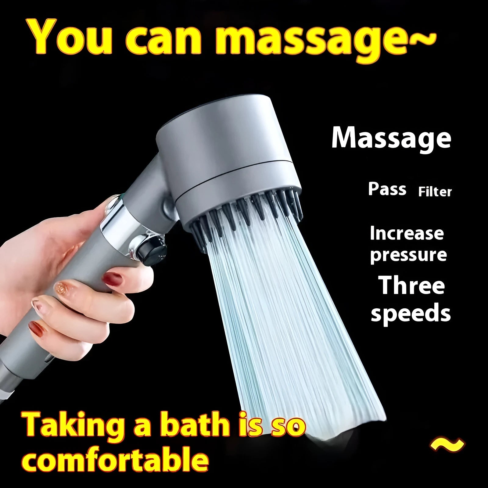 Portable ABS plastic shower head with modern simple design and three spray settings.