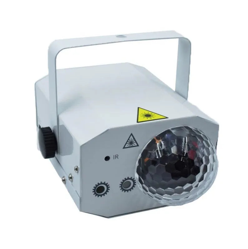 Black and white LED laser magic fan stage light with remote control on a stand.