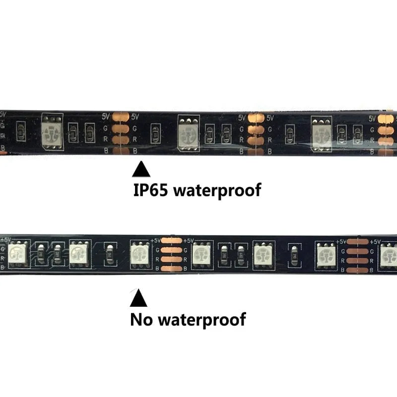 1 metre long USB-powered LED light strip showing multiple colour options including white, blue, and red LEDs.