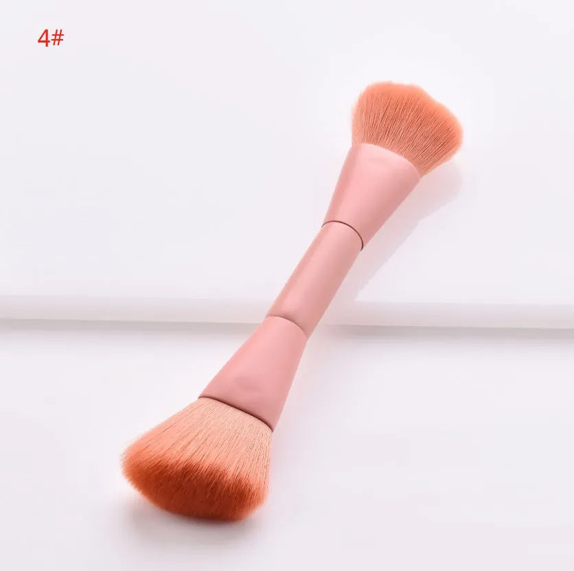 10 professional makeup brushes with wooden handles, including powder, foundation, and double-ended detail brushes.