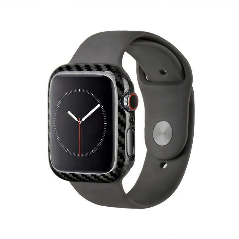 Apple Watch Series 4 carbon fibre half wrap leather case in bright black and matt black