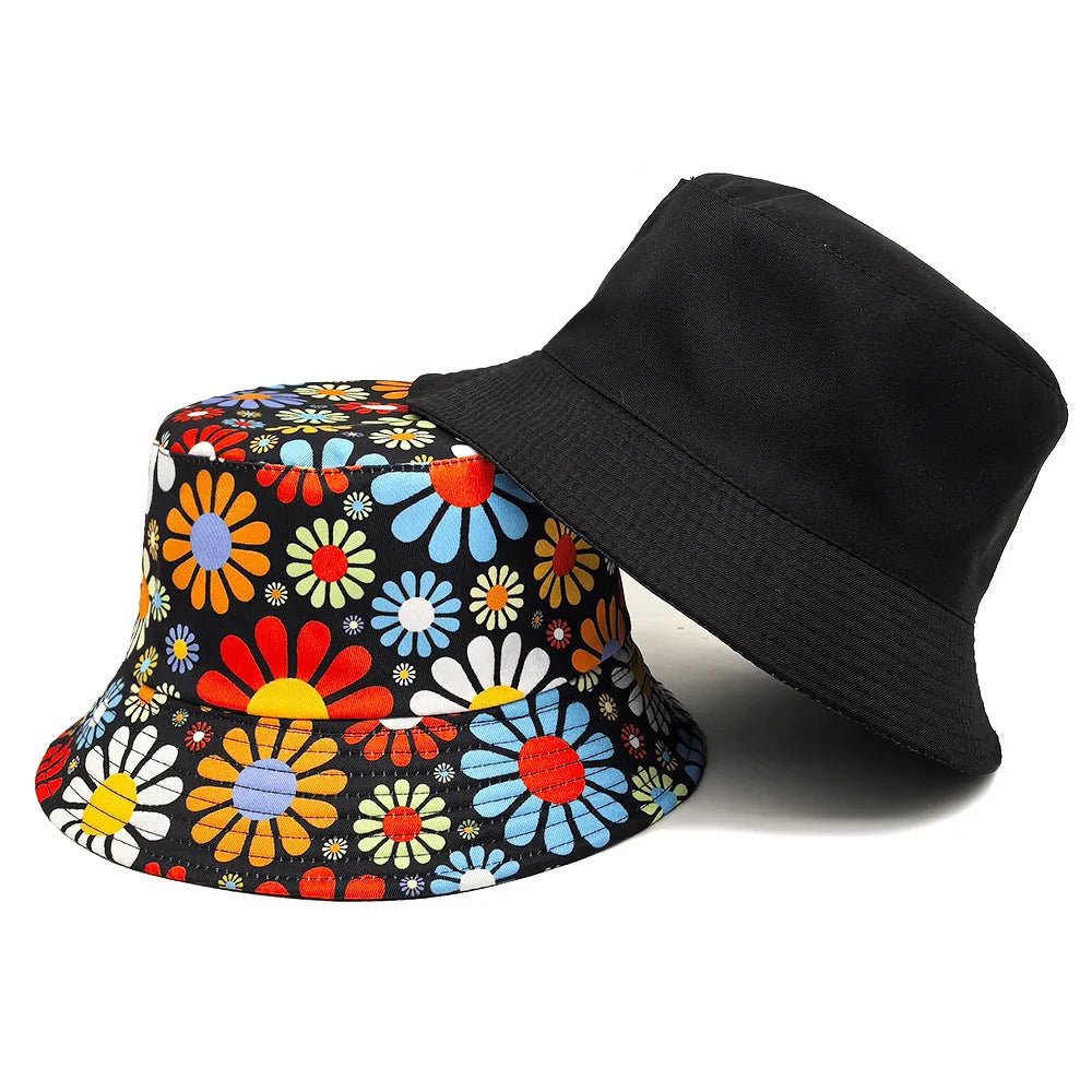 Floral print polyester bucket hat with dome crown in M size 56-58cm