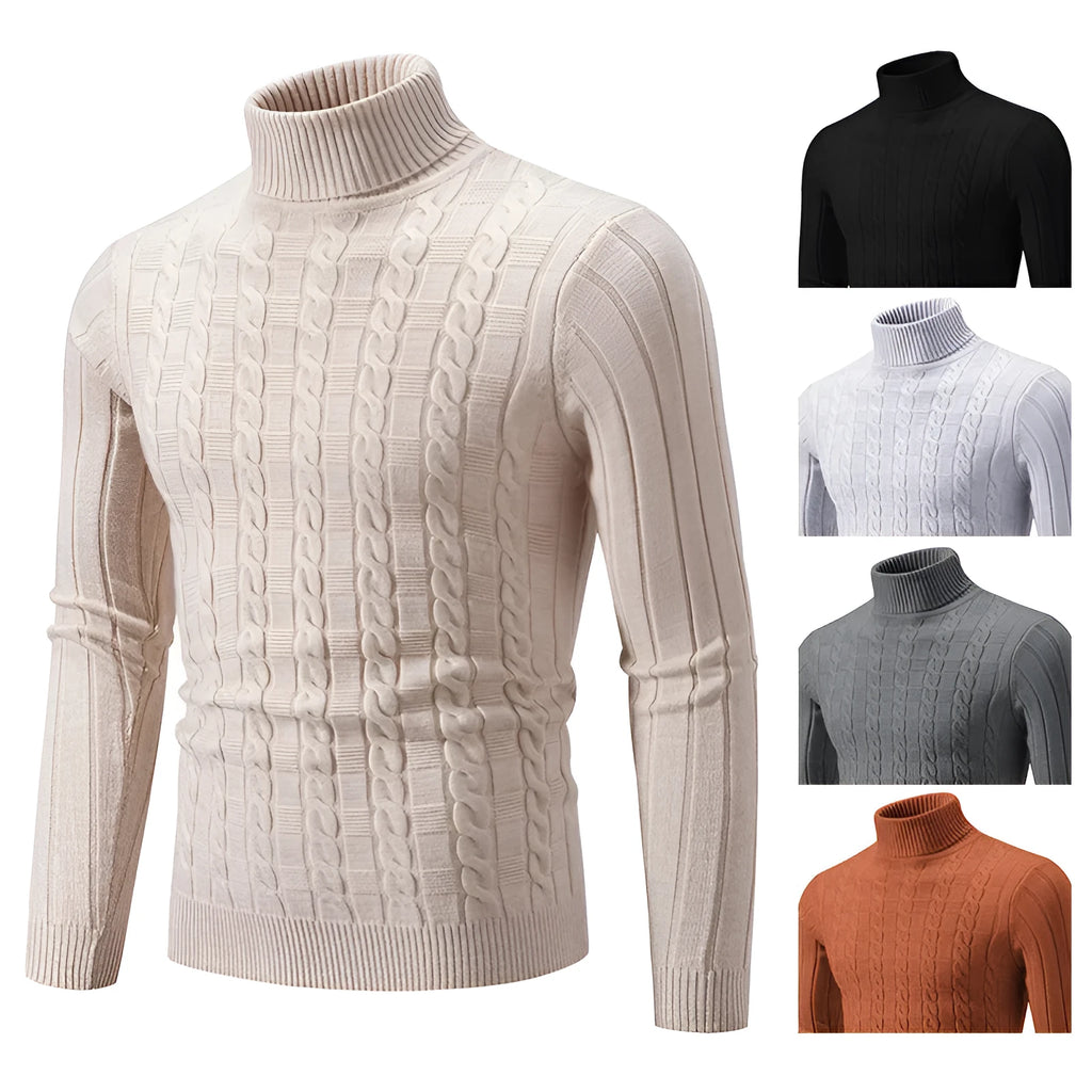 Men's slim twist turtleneck pullover sweater in chenille fabric, shown in beige colour
