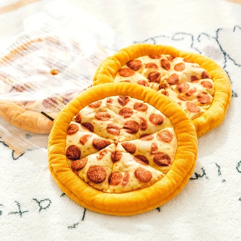 Yellow teddy pizza slice dog chew toy with textured surface and squeaker, 17 cm long.