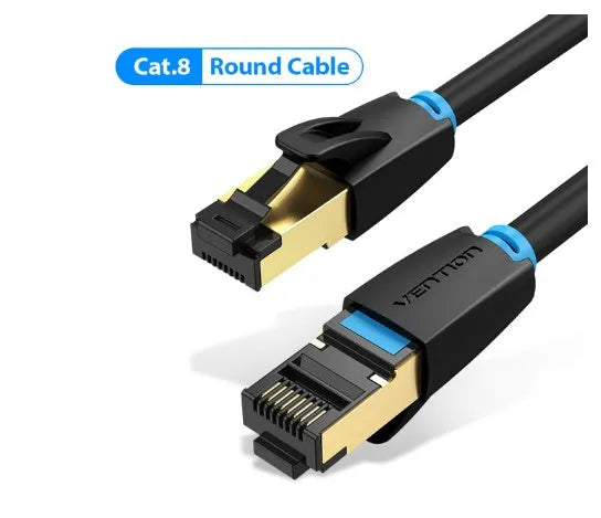 CAT8 shielded flat and round Ethernet network cables in various lengths from 0.5m to 10m with gold RJ45 connectors.