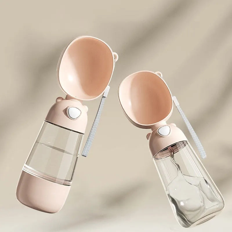 Portable dog water bottle and feeder in brown colour with attached food container.