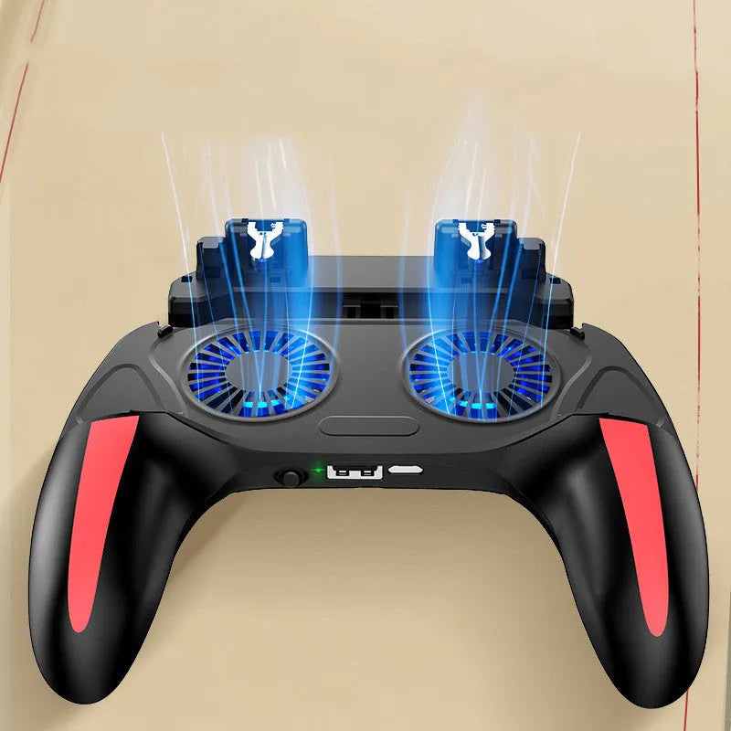 H10 mobile game controller with cooling fan attached to a smartphone showing the ABS handle and trigger buttons