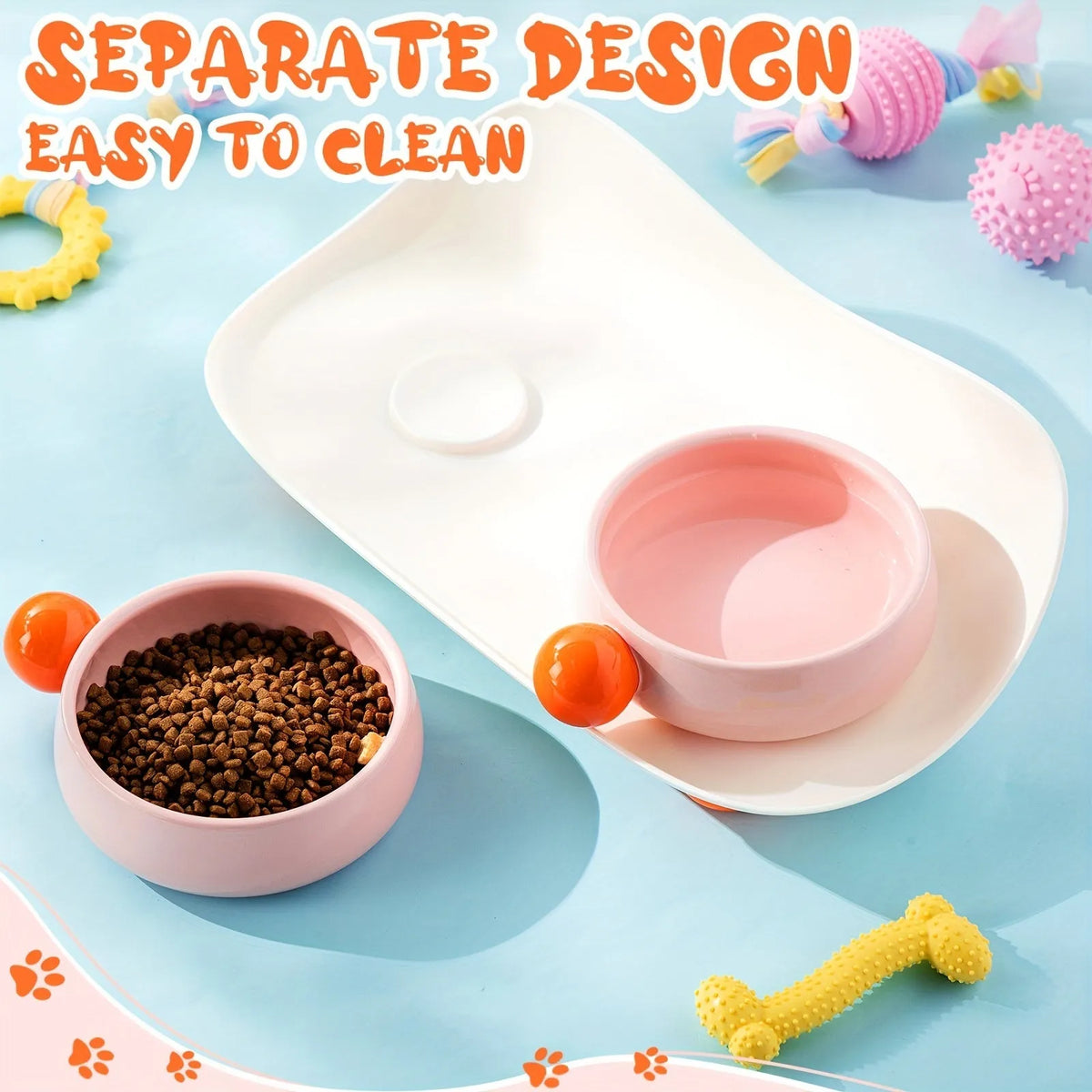 Pink ceramic double pet bowl set with raised non-slip base for cat food and water.