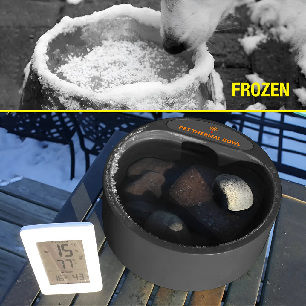 Black ABS pet heating bowl with constant temperature function, 2.2L capacity.