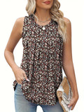 Black plus size floral printed sleeveless vest with round neckline on hanger