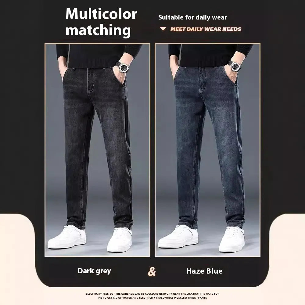 Men's slim straight casual trousers in blue grey or black with micro-elastic waistband and zip fly