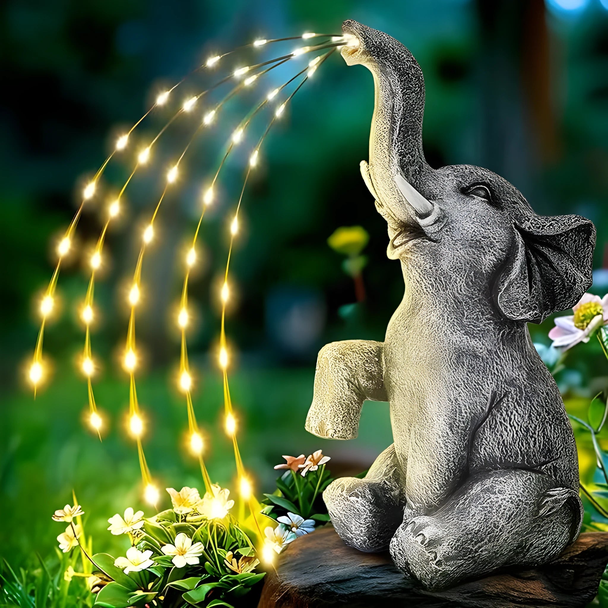 Resin elephant garden statue with integrated LED light strip for outdoor decoration.
