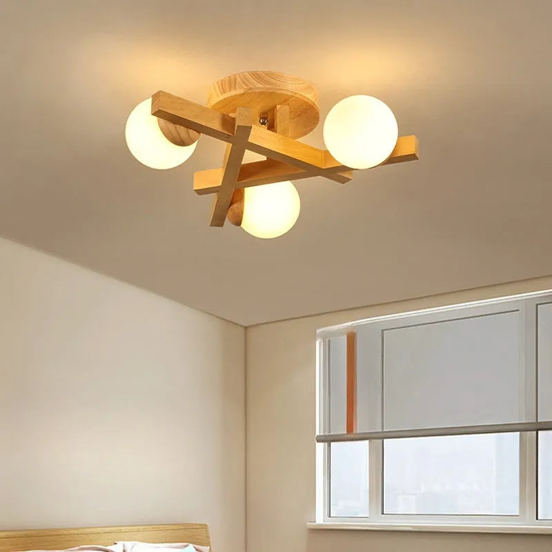 Wooden style ceiling lamp with three light heads in modern living room setting