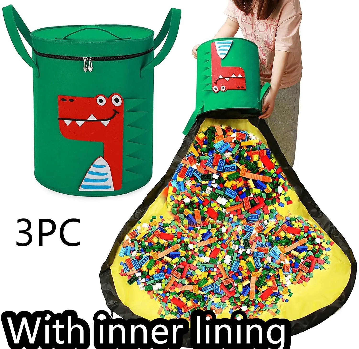 Green felt cube storage bag with pull rope laid flat as play mat for toy organisation