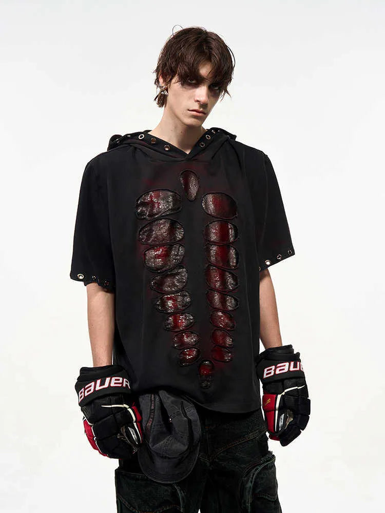 Black men's hooded short-sleeve T-shirt with sequin detailing, loose fit