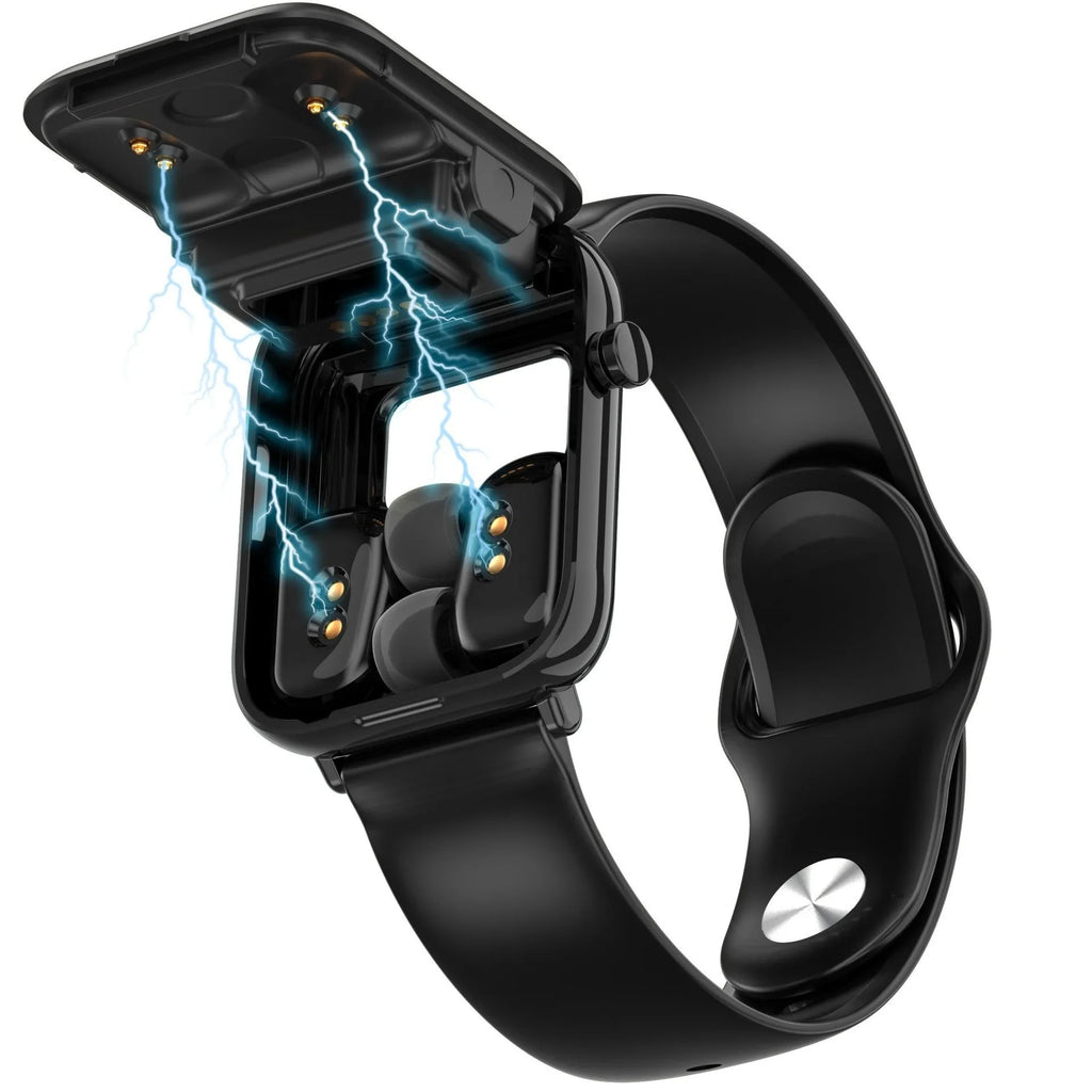 Black zinc alloy smartwatch with 1.69-inch touch screen and magnetic charging case for Bluetooth earbuds.