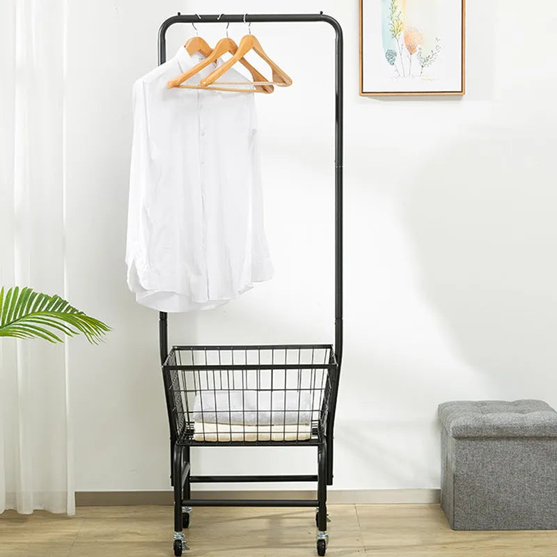 Single rod pulley storage car with iron frame and clothes hanger in black colour