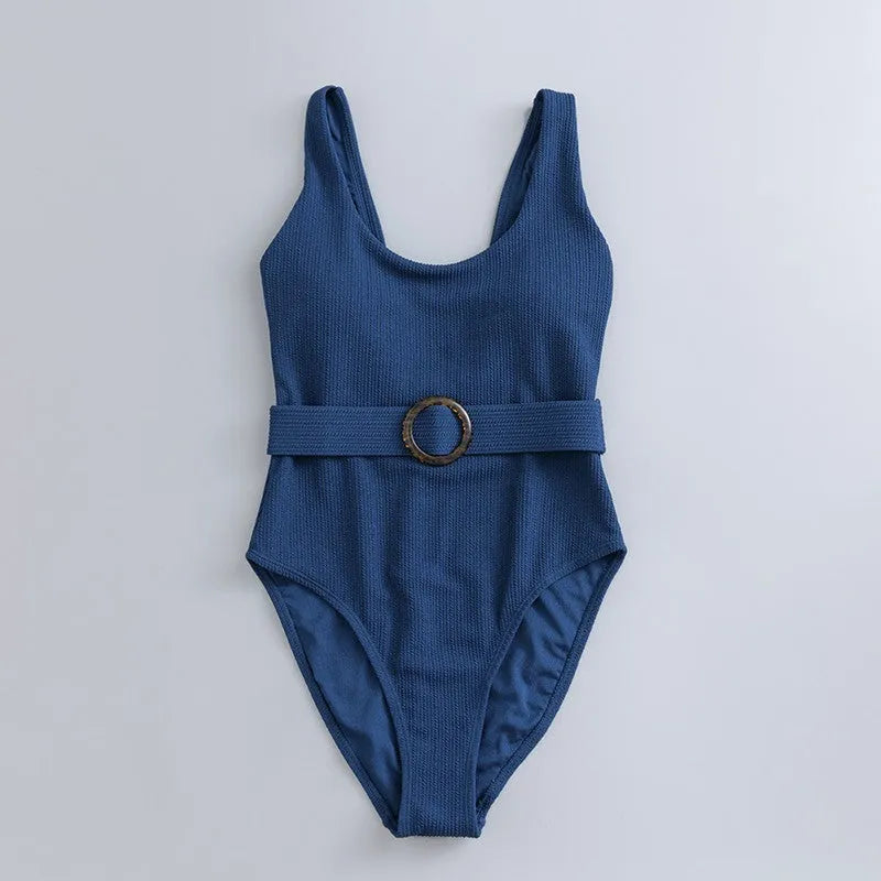 Navy blue women's one-piece slim swimsuit with triangle design and chest pad