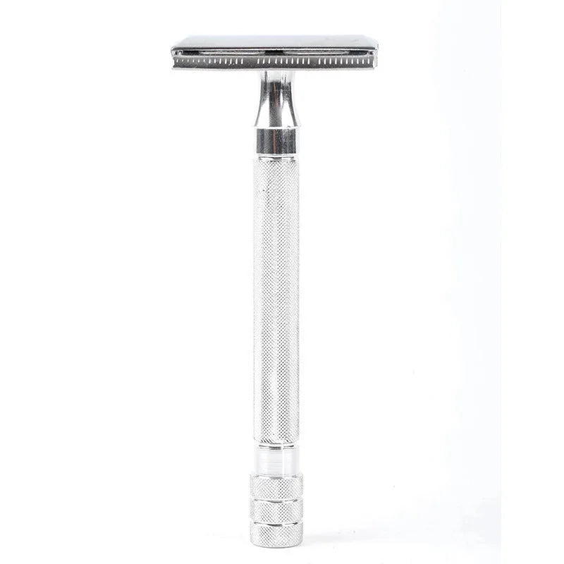 Manual shaving razor set with metal scraper and brush in black or silver finish for traditional wet shaving