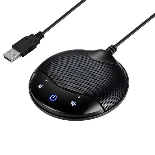 Black A7 USB condenser desktop microphone for conference calls measuring 9x9x1.7cm