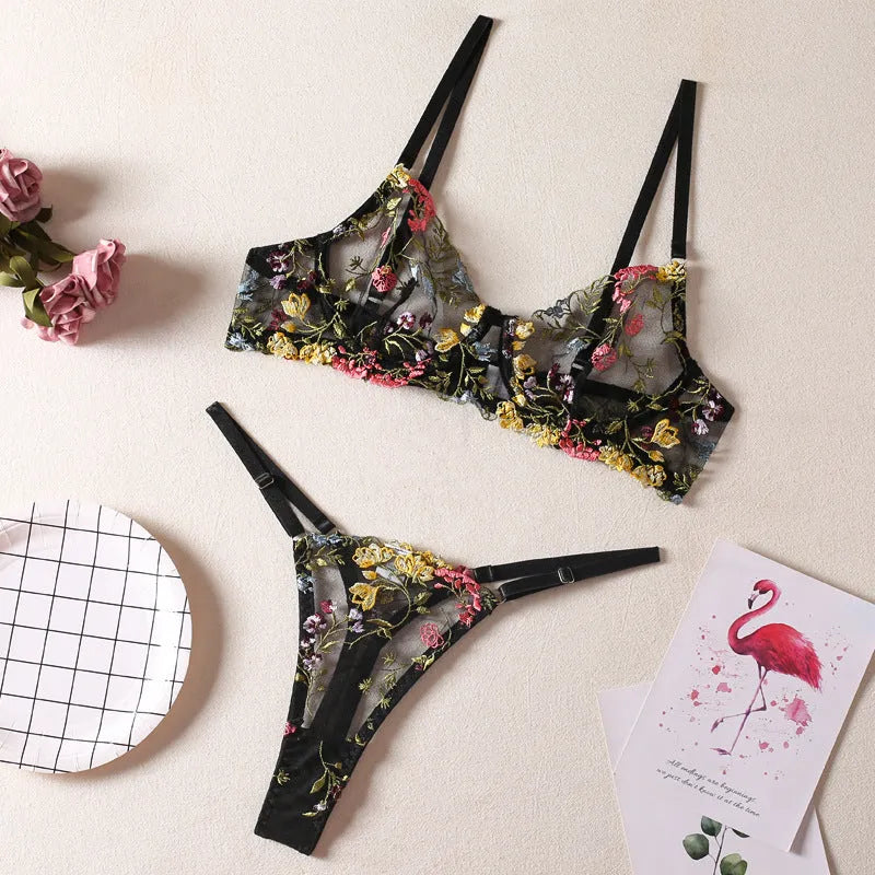 Floral single layer bra with steel ring T-back mesh lingerie set in multiple colours
