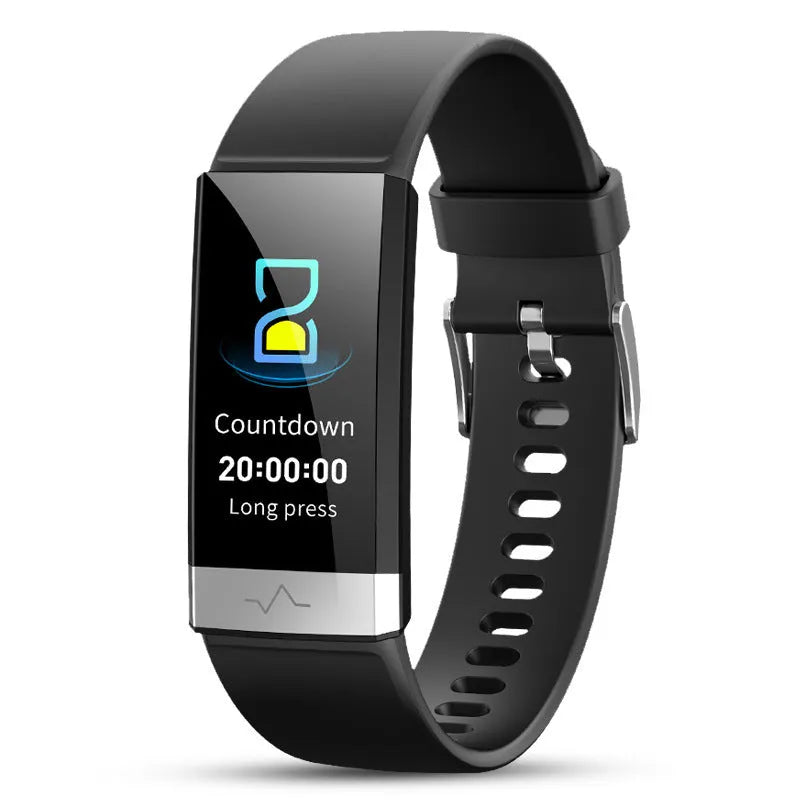 V19 smart bracelet in black showing display with health metrics, featuring TPU strap and ECG PPG SpO2 sensor