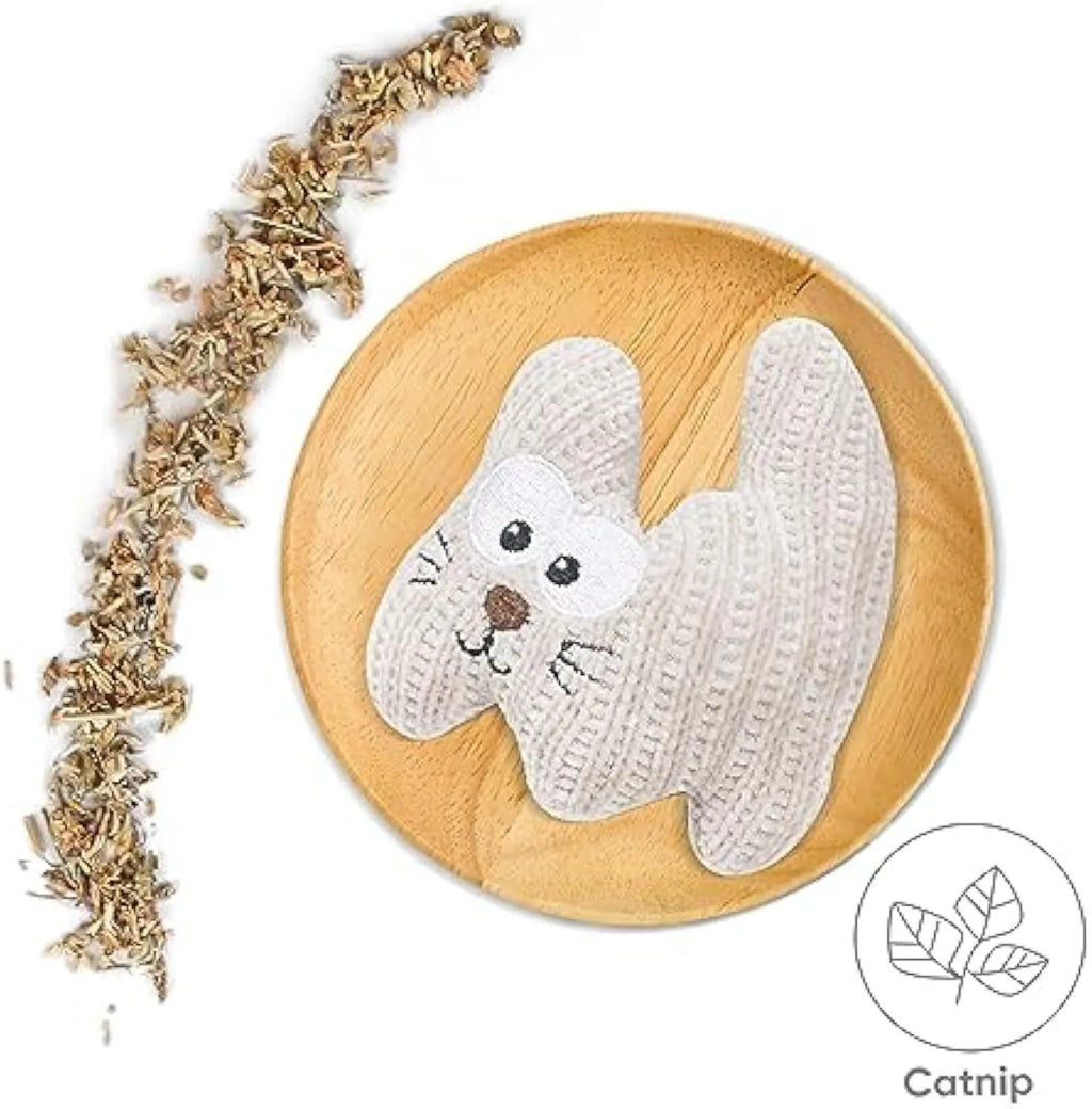 Cyan and light coffee coloured plush catnip chew toy with bell on a neutral background