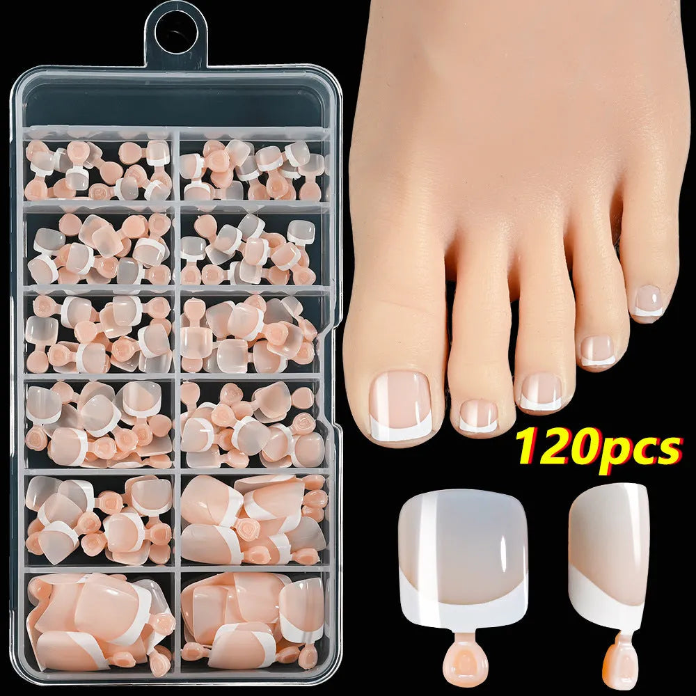 Box of 120 French white tip artificial toenails in nude colours, square short shape.